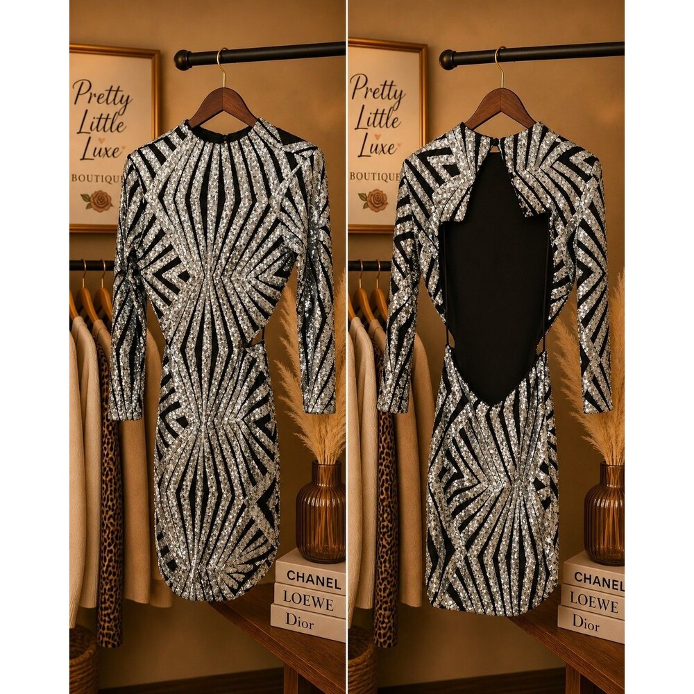 Blanc Silver Sequin Geometric Bodycon Dress | Size Small | Open Back Dress